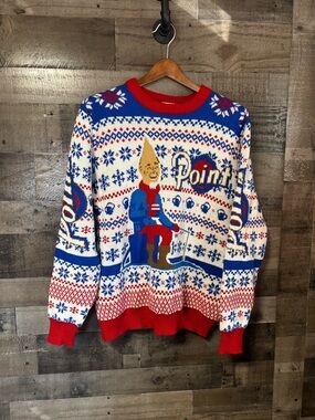 Festive Point Beer Crewneck Ugly Christmas Sweater in Red, Blue & White XL